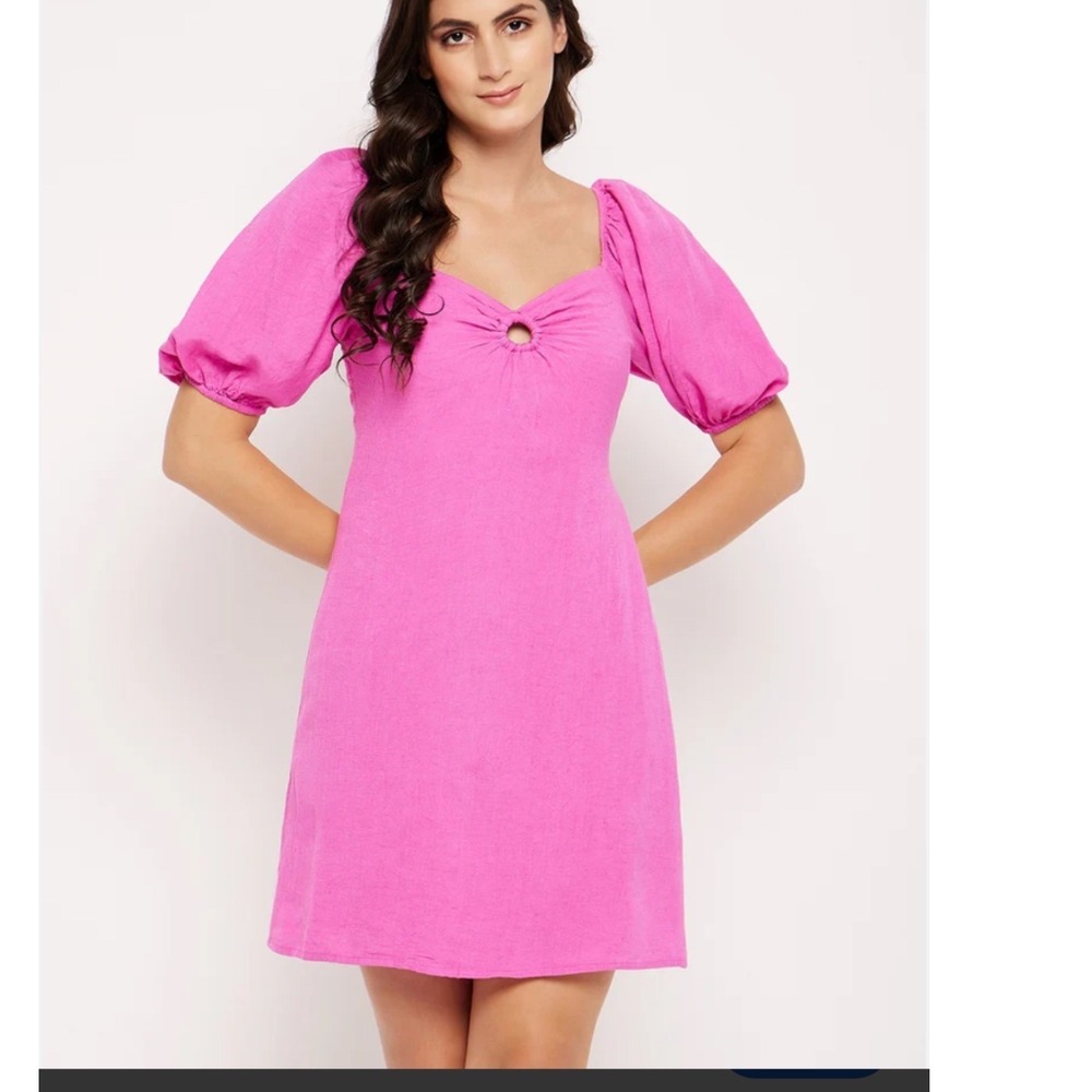 Sim & Sam O-Ring Puff Sleeve Mini Dress Women XS Fuchsia Pink Linen Blend